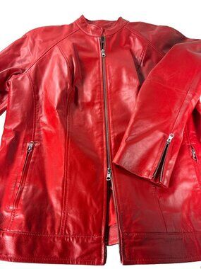 NWOT Jessica London Red Leather Jacket Womens Size 12 Collarless Full Zip Motor
